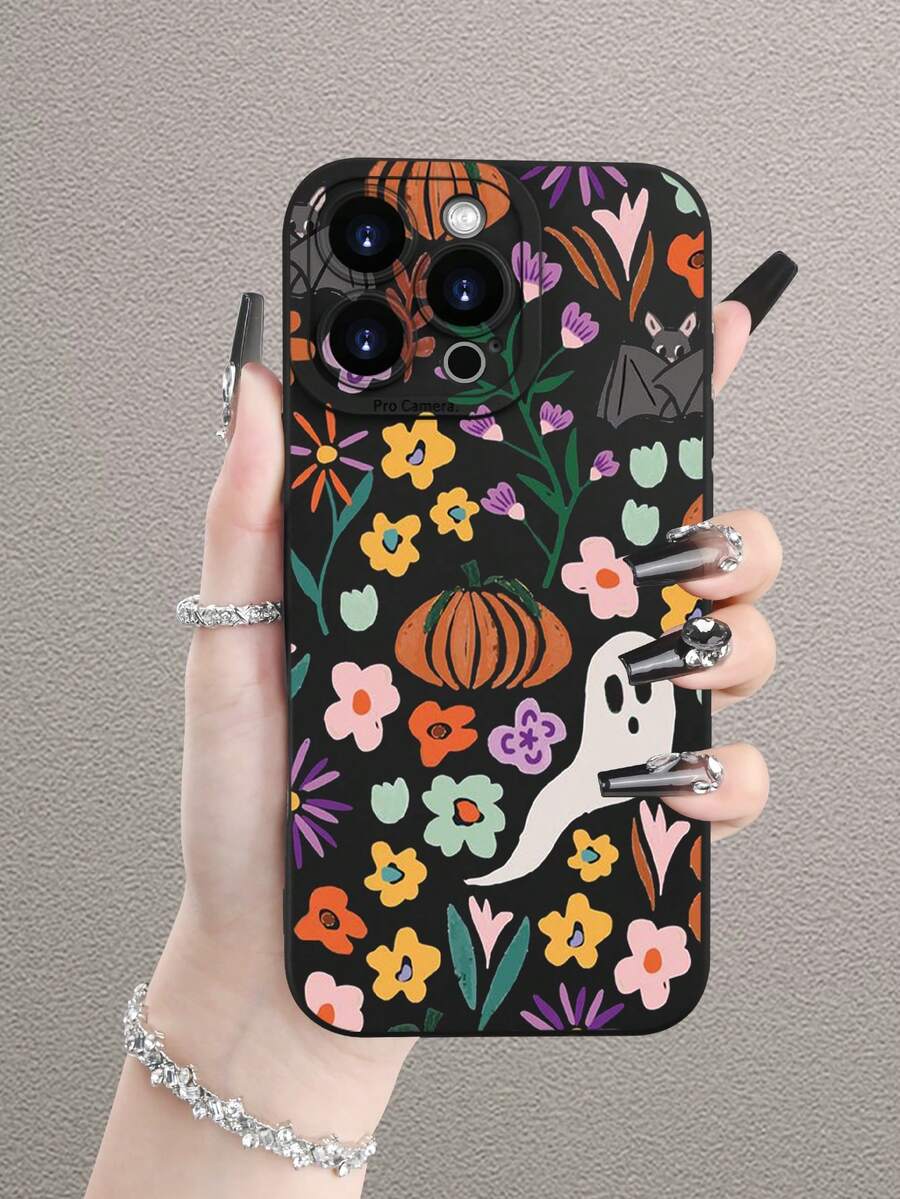 1 pièce Étui de téléphone avec motif citrouille fantôme, avec rebord surélevé pour la caméra et protection des bords en TPU, compatible avec 16/15/14/13/12/11 Pro Max, Galaxy S25/S24/S23/S21 et série A54/A53/A52/A34/A15, cadeau mignon pour les amis, la famille, les couples, les anniversaires - Noir - Voir 1