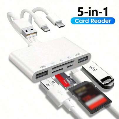Leitor de cartão de câmera 5 em 1, leitor universal plug-and-play, slot para cartão SD/TF/USB 3.0/Tipo C/Lightning OTG, adaptador USB para câmera multiarmazenamento compatível com /iPad/Android