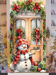 1 pezzo Decorazione natalizia in poliestere per porta d'ingresso, con acquerello di Babbo Natale, pupazzo di neve e corona, decorazione natalizia per casa e portico