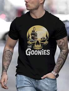 Men's Short Sleeve Black T-Shirt -  Skull & Ship Graphic Print, Lightweight Summer Casual Tee, Regular Fit Round Neck, Machine Washable, Cute T Shirts, Everyday Outfit, Retro Aesthetic, Easy Care, Printed Top, Adult Men