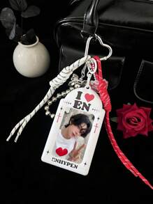 1 peça porta-cartões fotográficos retrô vermelho e branco, capa para cartões fotográficos, porta-cartões fotográficos "I Love En-Hyphen", porta-chaves, expositor de cartões fotográficos de ídolos Kpop, material PU, compatível com cartões fotográficos de ídolos de 3 a 3,5 polegadas, porta-cartões fotográficos de ídolos em formato de coração, pingente para bolsa