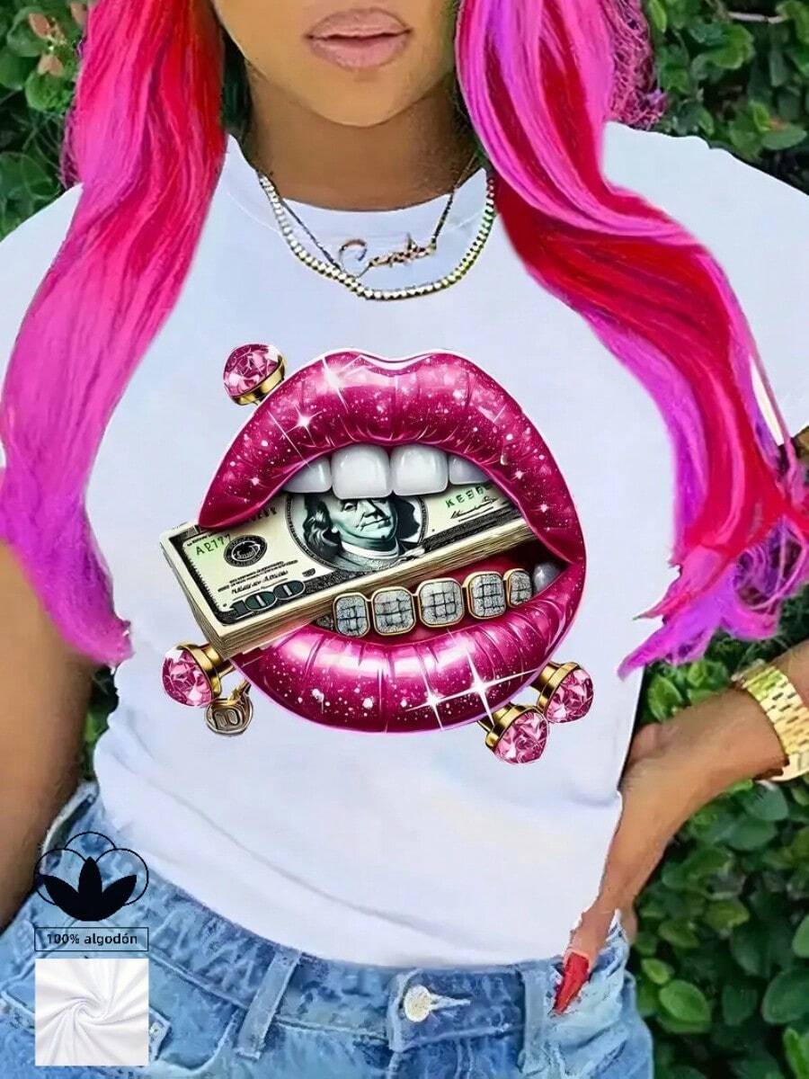 Camiseta casual blanca para mujer, 100% algodón, con estampados de labios, diamantes, piedras preciosas y signos de dólar, camiseta casual y cómoda de manga corta con cuello redondo, ropa de primavera y verano, adecuada para cualquier ocasión, color sólido, casual, uso diario. - Blanco - Ver 1