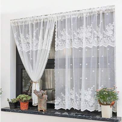1pc White Lace Flower Pattern Rod Pocket Door Curtain, Romantic And Translucent Polyester Fiber Window Treatment For Living Room, Bedroom And Door Decoration
