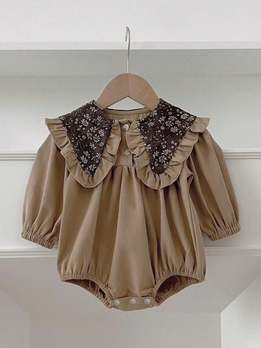 Baby Girls Retro Floral High Collar Long Sleeve Bodysuit, Baby Girl Princess Ruffle Snap Crotch Bodysuit, Spring/Autumn