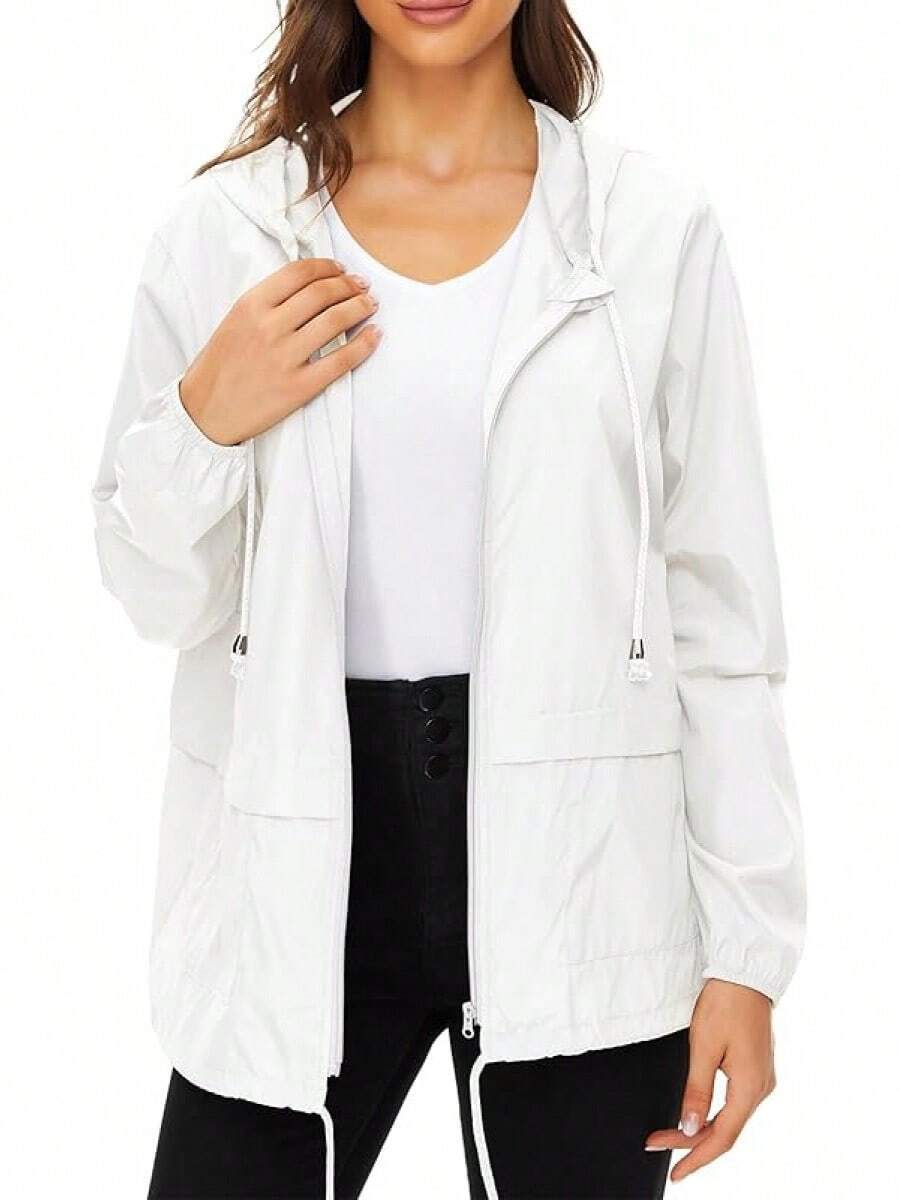 Packable Waterproof Lightweight Women's Rain Jackets With Hood Windbreaker - 白色 - 查看 1