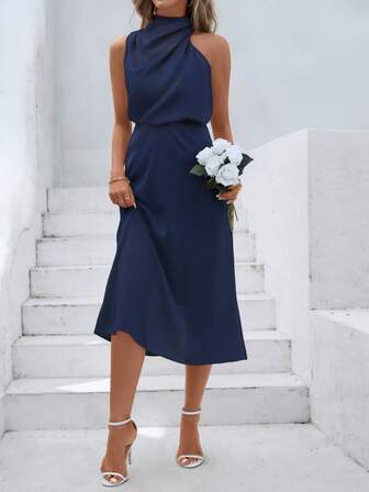 優雅垂褶純色女士連衣裙