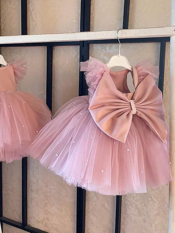 Baby Girls' Pink Cap Sleeve Bow Beaded Mesh Elegant Party Dress, Princess Dress Suitable For Girls, 1st Birthday, Party, Banquet, Wedding Flower Girl, Holiday Celebration