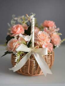 1 包花童篮，手工柳条藤条篮，带手柄丝带，装饰性鸡蛋糖果篮，适合礼物、婚礼、露营、家居装饰