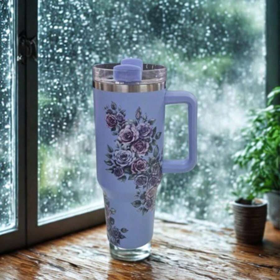Floral Stainless Steel Thermal Mug With Handle, Lid, And Straw For Coffee, Tea, Juice, Or Water. Designed To Be Portable, It's Ideal For Travel, The Gym, The Car, The Office, And As A Gift. - Azul Prêmio - 查看 1