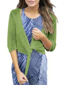 Women's Tie Front Shrug 3/4 Sleeve Bolero Sheer Knotted Lightweight Cardigan Sweaters Short Shawl Tops - 綠色 - 查看 2