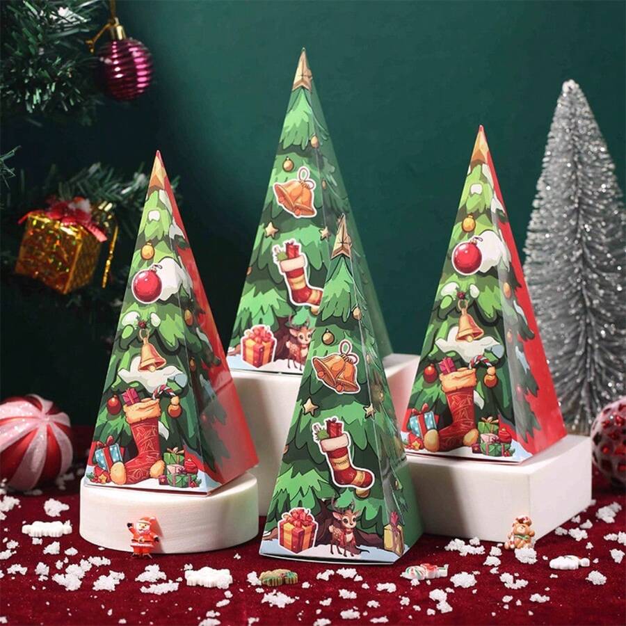 Christmas Candy Boxes Triangle Christmas Packing Box Christmas Tree Card Signs Mini Goodies Treat Box For Xmas Gift Packaging Christmas Party Favors Supplies Christmas Tree Candy Packaging Box, Gift Box, Paper Triangular Box, Christmas Gift Box, Candy Box - Multicolor - View 1