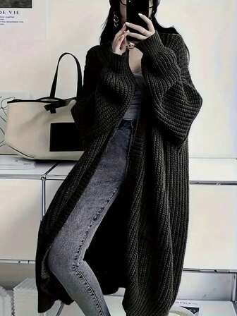 Plus Size Women V-Neck Pocket Ribbed Knit Cardigan, Long Sleeve Long Length Sweater Cardigan, Winter