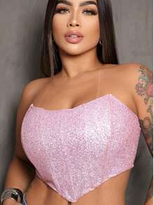 Cropped Corset With Ribs And Shiny Strapless | Ties At The Back Fashion 2025 Summer/Carnival/Party - Watermelon Pink - View 1