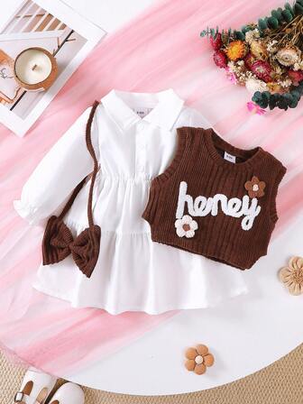 BrownBark 3 piezas Set de vestidos de manga larga con cuello de solapa versátil y cómodo + chaleco bordado sin mangas plus, adecuado para uso diario y al aire libre, otoño/invierno