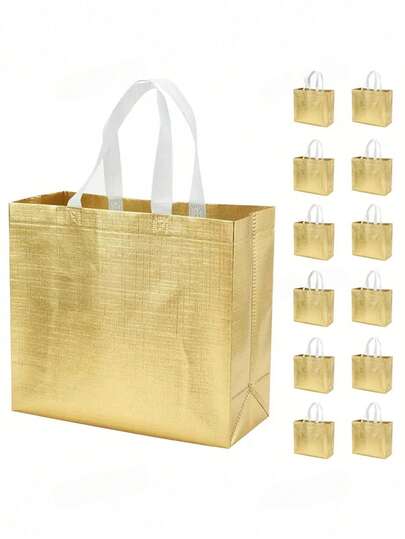 10个可重复使用的金色购物袋，缎面婚礼礼品袋，大号礼品袋，无纺布礼品包装袋，婚礼生日派对礼品袋（款式随机发货）