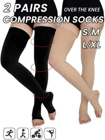 2 pares de medias altas para mujer con puntera abierta, color negro y beige, con efecto adelgazante, antideslizantes, para la oficina y uso diario, calcetines cómodos