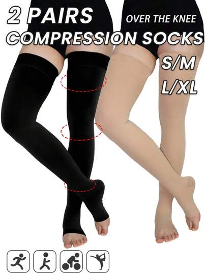 2双装女士露趾过膝袜，黑色和米色，防滑，显瘦，适合办公室和日常穿着，舒适袜子