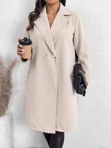 Abrigo midi de mujer de talla grande con ajuste regular, cuello en V profundo, manga larga y detalles de botones en tela tejida