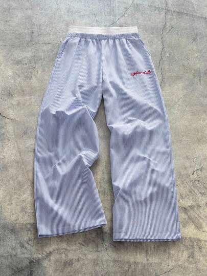 Pantaloni casual da uomo con vita in tessuto lavorato a maglia, a righe e patchwork, vestibilità morbida e gamba dritta, adatti per la scuola