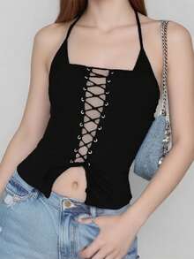 Chaleco de verano para mujer, sin mangas, con cuello halter, espalda abierta, cruzado y vendaje - Negro - Ver 6