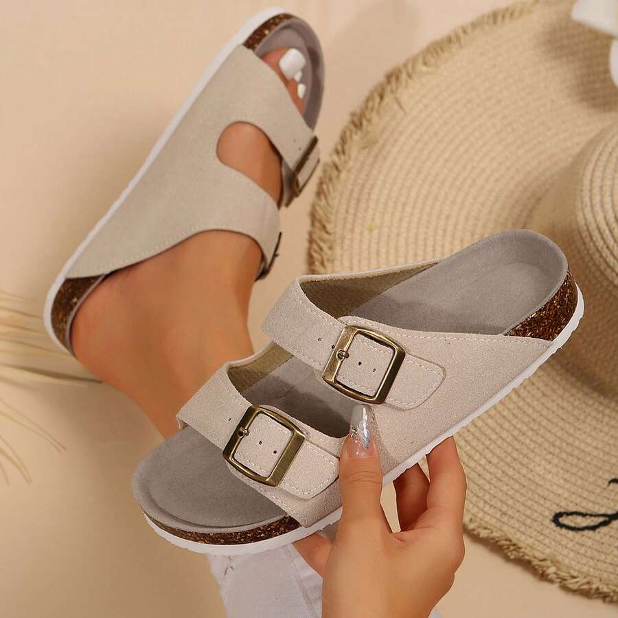 Womens Slippers Sandals Slip On Adjustable Buckle Cork Footbed - Beige - View 1