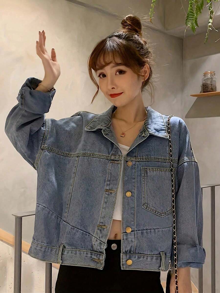 女式落肩长袖口袋牛仔夹克