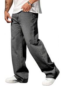 Men's High Waist Loose Jeans Baggy Straight Leg Denim Pants Trousers - Màu nâu Sô-cô-la - Xem 6