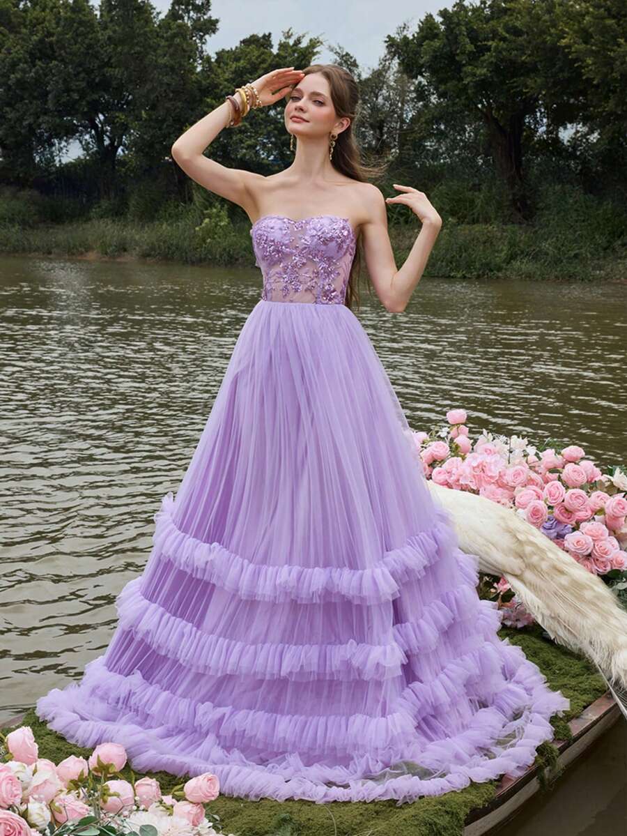 Faeriesty 奢华女士亮片无肩带及地晚礼服，露背系带，超大荷叶边网纱裙摆，适合鸡尾酒会/婚礼