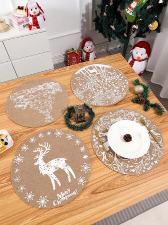 Christmas Table Runner Set Of 4, Printed Burlap Placemats For Dining Table, Xmas Kitchen Decor, Rustic Coaster Mats For Holiday Dinner Party