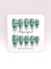10 Pcs Medium Green Handmade Almond Press-On Nails For Parties And Everyday Wear. Hand-Painted Personalized Fish Designs Create Summer Nails, Perfect For Girls And Women At Festivals, Parties, And Daily Wear. Nail Supplies Nails