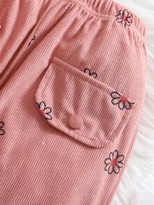 2pcs Girls Casual Chic Floral Print Faux Pocket Lapel Single-Breasted Jacket And Pants Set - Pink - View 8