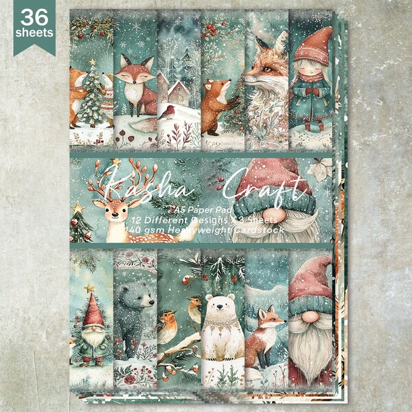 36 Blatt A5 (Wald Weihnachten Schneeflocke Fuchs Hintergrund) Scrapbooking Papier, geeignet für Bullet Journals, Scrapbooks, Karten und Basteleien