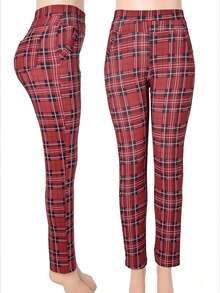 Fall Clothes For Women Pantalones De Mujer Women's Plaid High-Waist Slim Pants - Classic Plaid Pattern, Stretchy Skinny Fit, Suitable For Daily Work, Leisure, Gatherings & Multi-Scenario  Tie Dye    All    Pocket - 酒紅色 - 查看 4