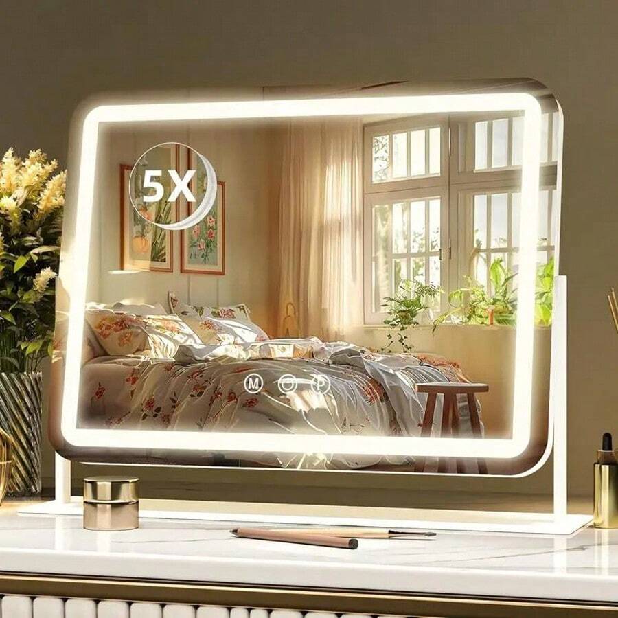 Large Makeup Mirror With Light Strip, 5X Magnifying Glass Illumination, Makeup Mirror Desktop, Smart Touch Desktop, Mirror Strip With 3-Color Adjustable Lighting, Suitable For Dressing Table And Makeup Table Desktop - White - View 1