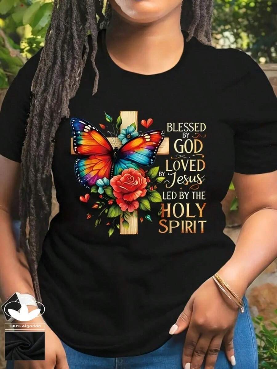 Camiseta casual negra para mujer, 100% algodón, con estampado de mariposas, cruces y flores, camiseta casual y cómoda de manga corta con cuello redondo, ropa de primavera y verano, adecuada para cualquier ocasión, color sólido, casual, uso diario. - Negro - Ver 1
