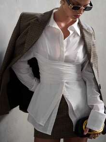 Camisa holgada asimétrica de manga larga con diseño de doble capa falso y camisa con cordón para mujer, para trabajo y casual elegante. Camisa blanca de manga larga con nudo y cuello clásico para mujer