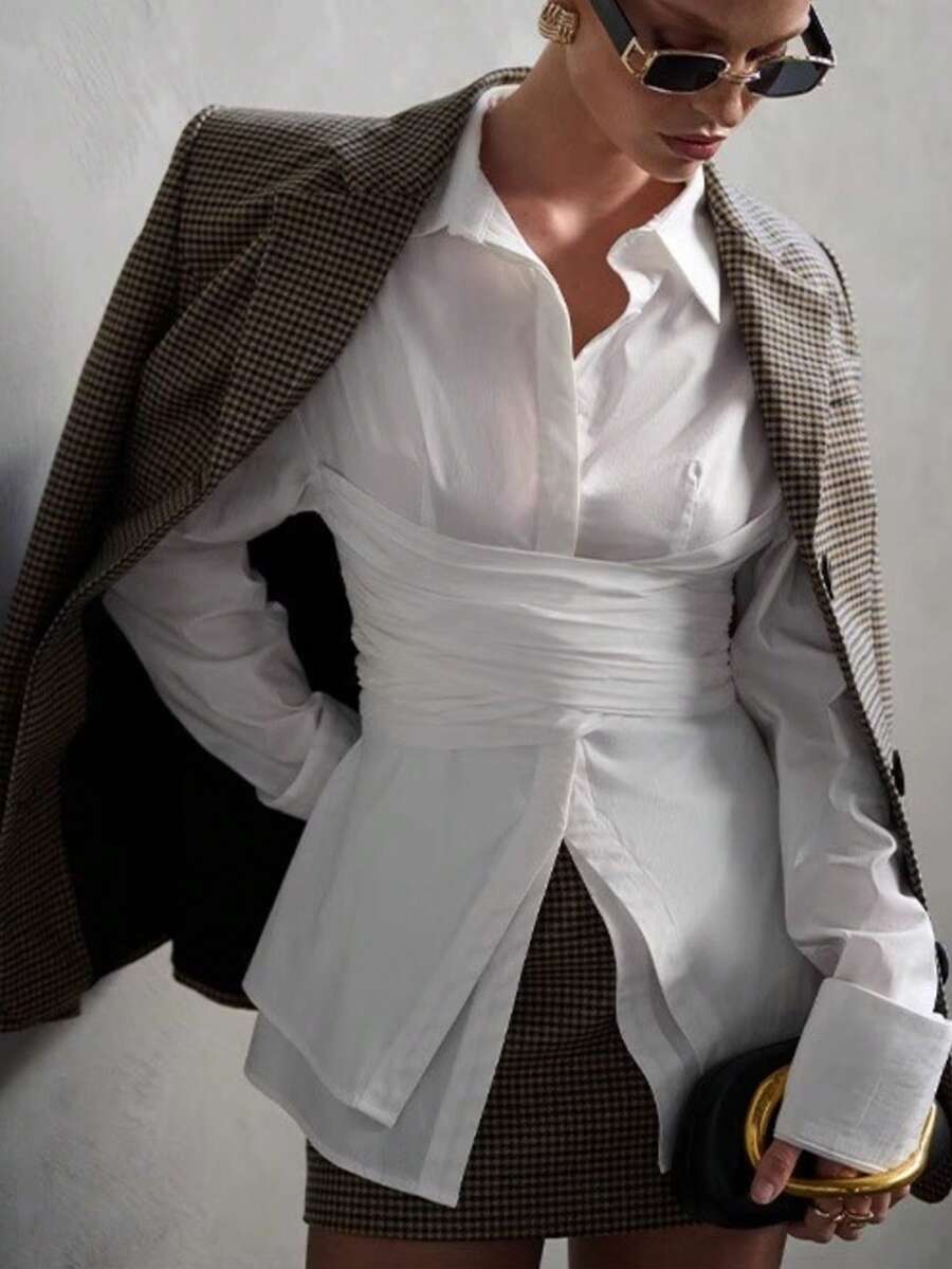 Camisa holgada asimétrica de manga larga con diseño de doble capa falso y camisa con cordón para mujer, para trabajo y casual elegante. Camisa blanca de manga larga con nudo y cuello clásico para mujer