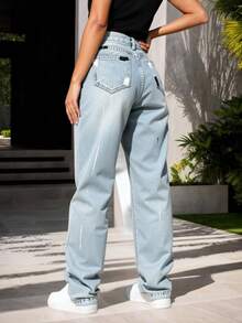 Jeans lavados de corte recto, sin estiramiento, color sólido, estilo urbano, para usar todo el año  Jeans rectos de cintura alta para mujer con rotos y efecto de salpicadura de tinta, estilo callejero moderno y único - Azul - Ver 2