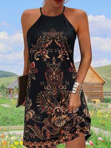 Autumn And Summer Popular New Hot Style Fashion Casual Vacation Style Light And Elegant Ladies All-Match Slim Out Home Travel Work Summer Fall Clothes For Women Preferred Autumn And Summer Women's Vacation Style Women's Retro Printed Casual Neck Hanging Dress ﻿