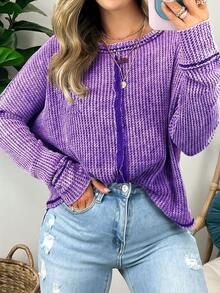 1pcs Waffle Knit Long Sleeve Top - Raw Edge Details, Back Patch, Rounded Hem, Drop Shoulders, Comfortable And Cute, Suitable For Fall And Winter, Machine Washable - Màu tím - Xem 1
