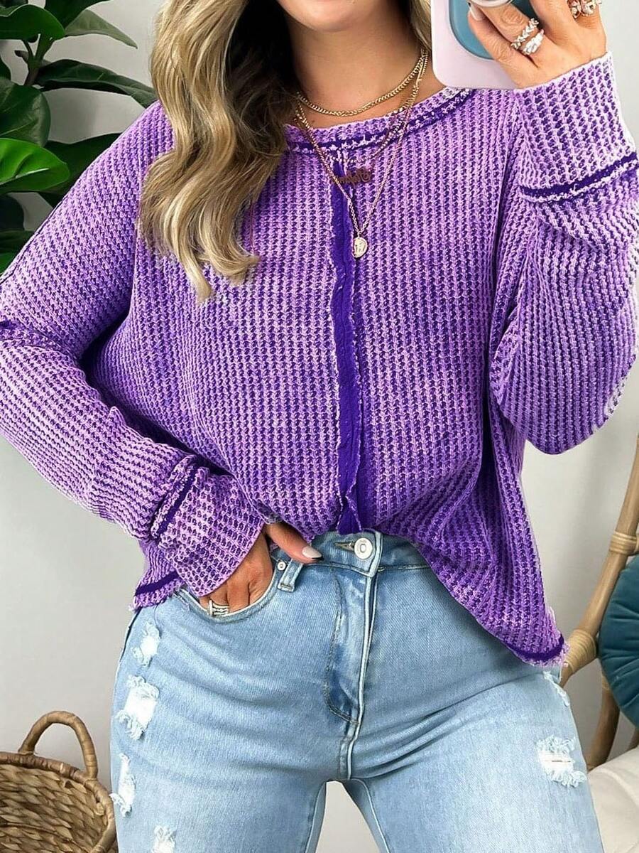 1pcs Waffle Knit Long Sleeve Top - Raw Edge Details, Back Patch, Rounded Hem, Drop Shoulders, Comfortable And Cute, Suitable For Fall And Winter, Machine Washable - Màu tím - Xem 1