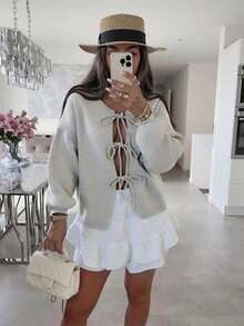 معطف نسائي كاجوال للعمل/المكتب بياقة مستديرة وأكمام طويلة وربطة عنق وكروشيه مزين بالدانتيل، جاكيت شتوية