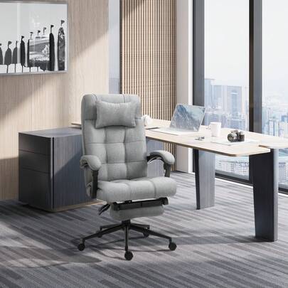  Vinsetto Office Chair, Computer Chair With Adjustable Height, Head Pillow, Footrest For Home, Light Grey