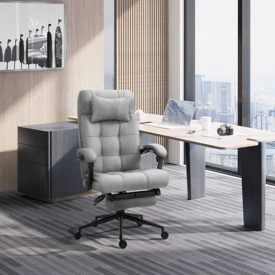 Vinsetto Office Chair, Computer Chair With Adjustable Height, Head Pillow, Footrest For Home, Light Grey - 淺灰色 - View 1