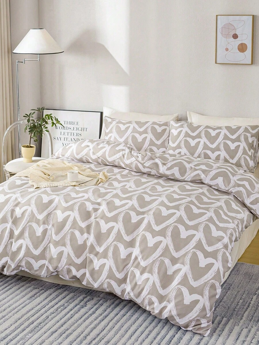 3pcs/Set Heart Pattern Duvet Cover Set(1 Duvet Cover & 2 Pillowcase)Soft And Skin-Friendly Duvet Cover Bedding Set For Home, All Season Bed Sheets Set - Multicolor - View 1