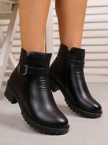 Women's PU Leather Ankle Boots With Rhinestone Buckle | Chunky Heel Side ZipperShort Booties For Fall Winter Casual & Dressy Outfits - Black - View 5