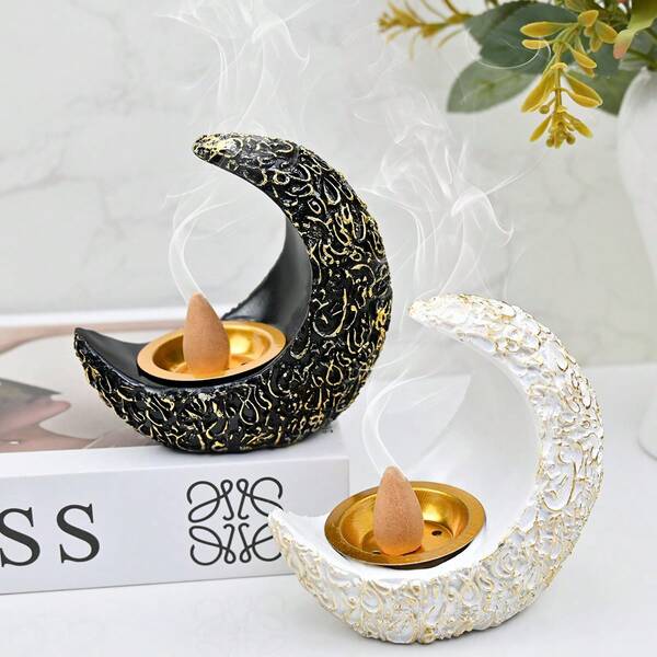 1 قطعة موقد بخور شرقي من الراتنج باللونين الأسود والذهبي، حامل بخور من الراتنج مزخرف بهلال القمر