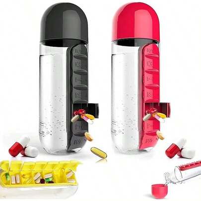 Scatola portamedici da uso quotidiano con bottiglia d'acqua, 600ml Scatola portamedici 2-in-1 con bottiglia d'acqua, adatta per viaggi, ufficio, attività all'aperto, scatola portamedici creativa 2-in-1 con tazza, bottiglia d'acqua portatile settimanale da 7 giorni