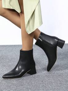 1 Pair Women's New Solid Color Simple Versatile Commuting Office Pointed Toe Side Zipper Chunky Heel Mid-Calf Boots, Autumn/Winter - Black - View 5