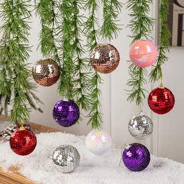 6cm/6pcs Shiny Sequin Fish Scale Patterned Christmas Ornament Balls, Christmas Tree Decorations Home Decor Christmas Decorations Room Decor Winter